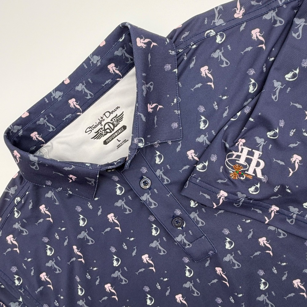 Straight Down Performance Mens Mermaid Golf Polo Navy Blue HR Fly Fishing L